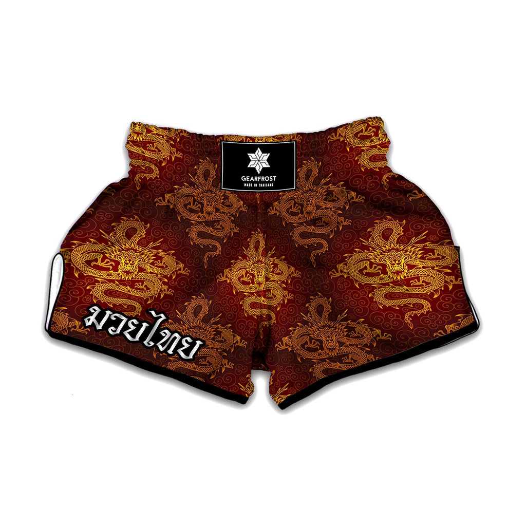 Gold Chinese Dragon Pattern Print Muay Thai Boxing Shorts