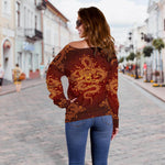 Gold Chinese Dragon Pattern Print Off Shoulder Sweatshirt GearFrost