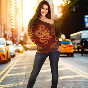 Gold Chinese Dragon Pattern Print Off Shoulder Sweatshirt GearFrost