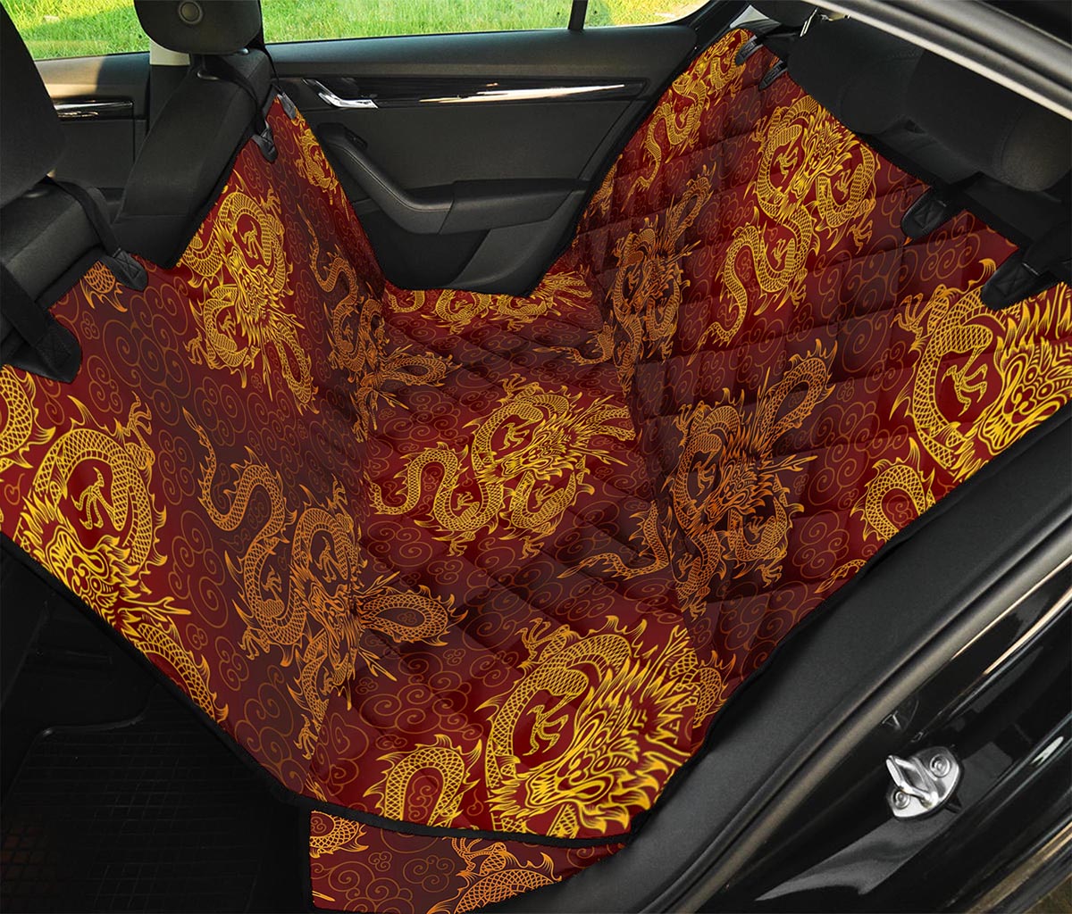 Gold Chinese Dragon Pattern Print Pet Car Back Seat Cover