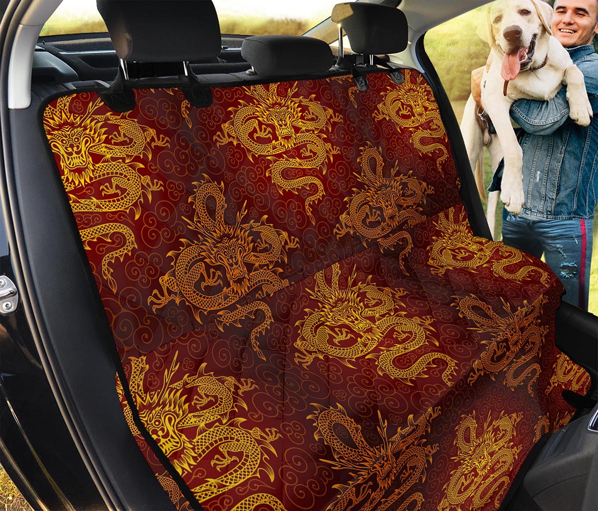 Gold Chinese Dragon Pattern Print Pet Car Back Seat Cover