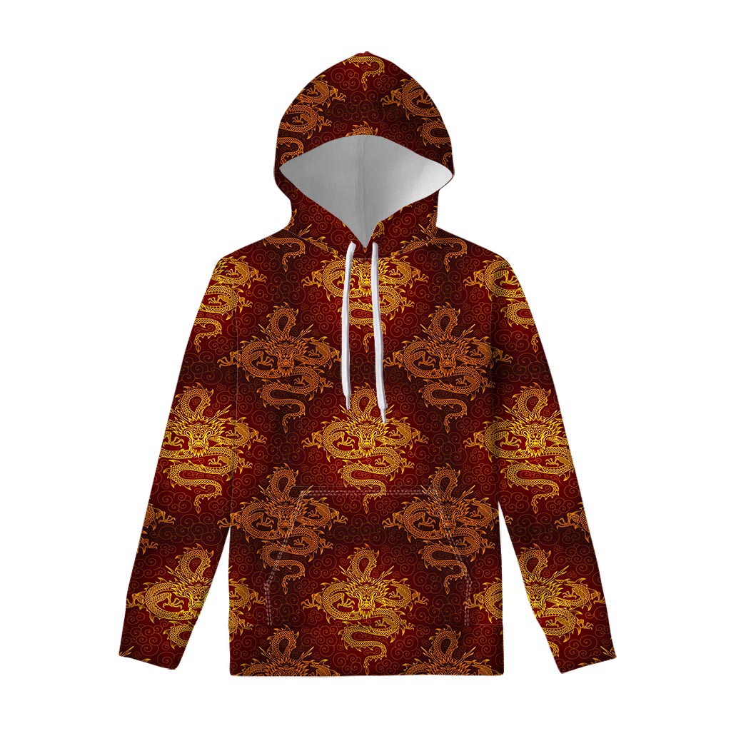 Gold Chinese Dragon Pattern Print Pullover Hoodie