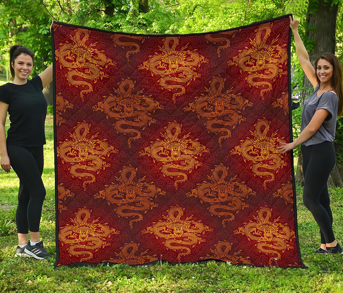 Gold Chinese Dragon Pattern Print Quilt