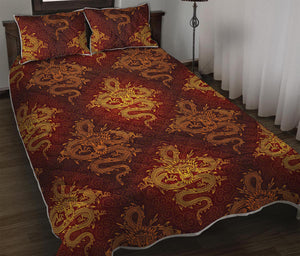 Gold Chinese Dragon Pattern Print Quilt Bed Set