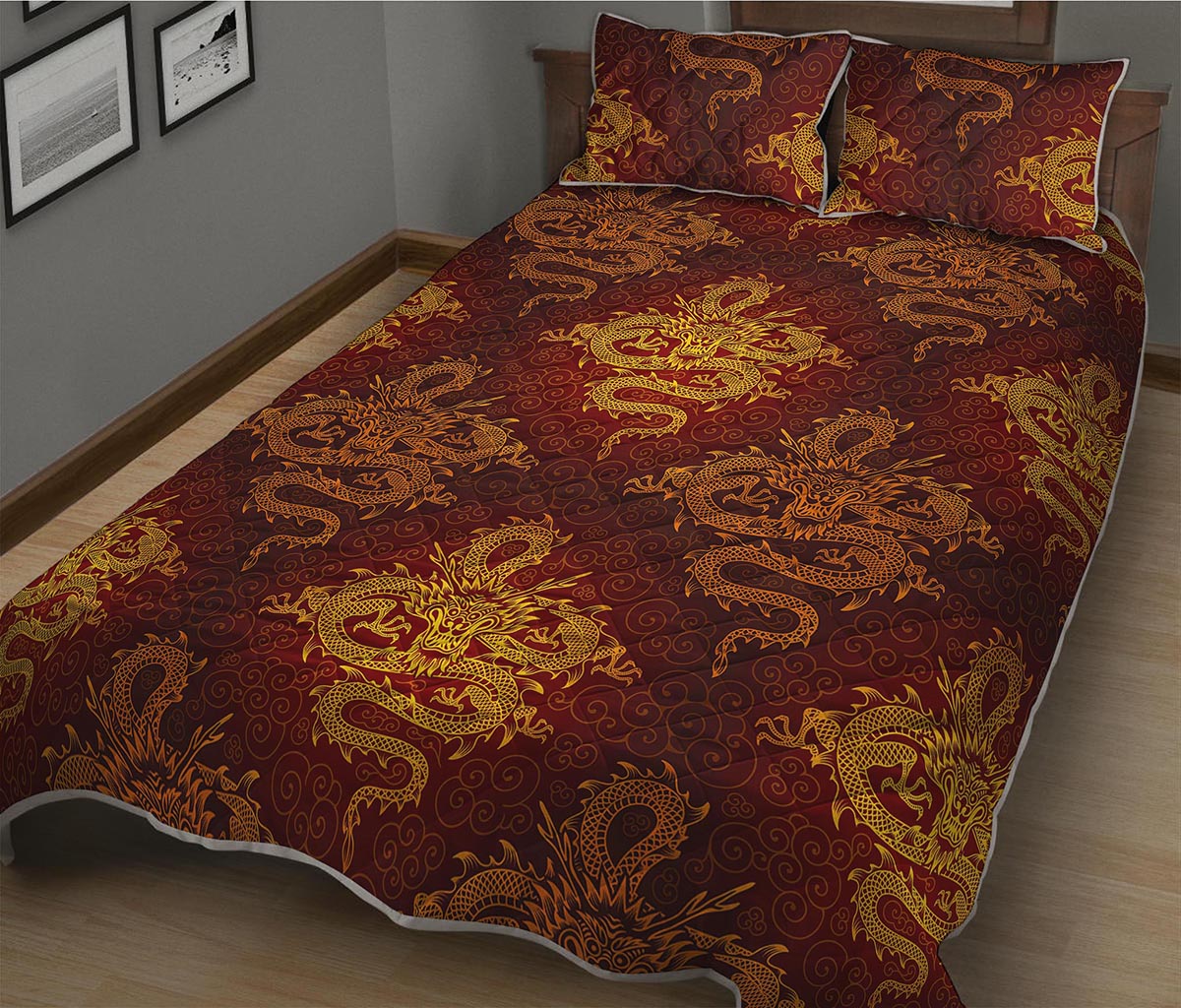 Gold Chinese Dragon Pattern Print Quilt Bed Set
