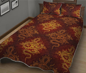 Gold Chinese Dragon Pattern Print Quilt Bed Set