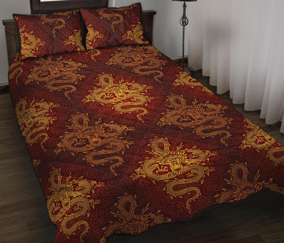 Gold Chinese Dragon Pattern Print Quilt Bed Set