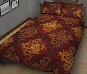 Gold Chinese Dragon Pattern Print Quilt Bed Set