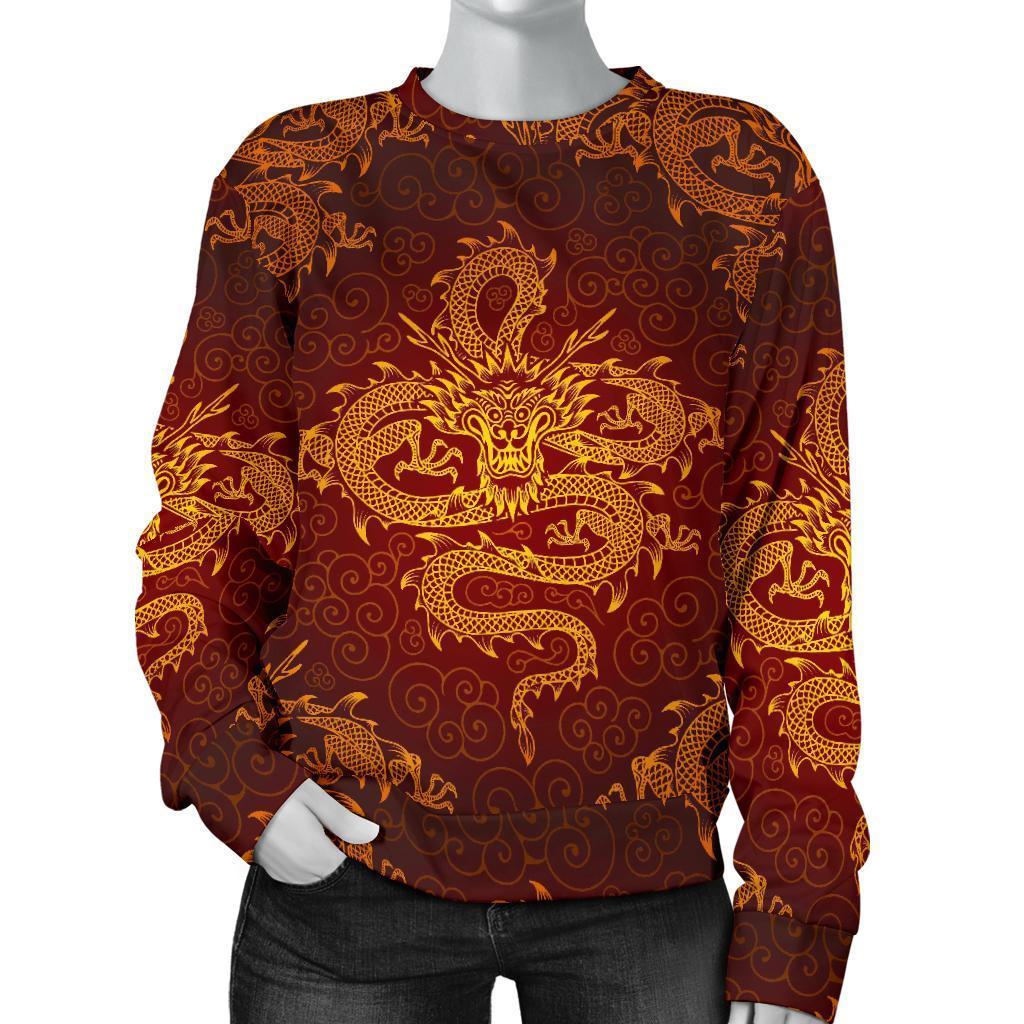 Gold Chinese Dragon Pattern Print Women's Crewneck Sweatshirt GearFrost