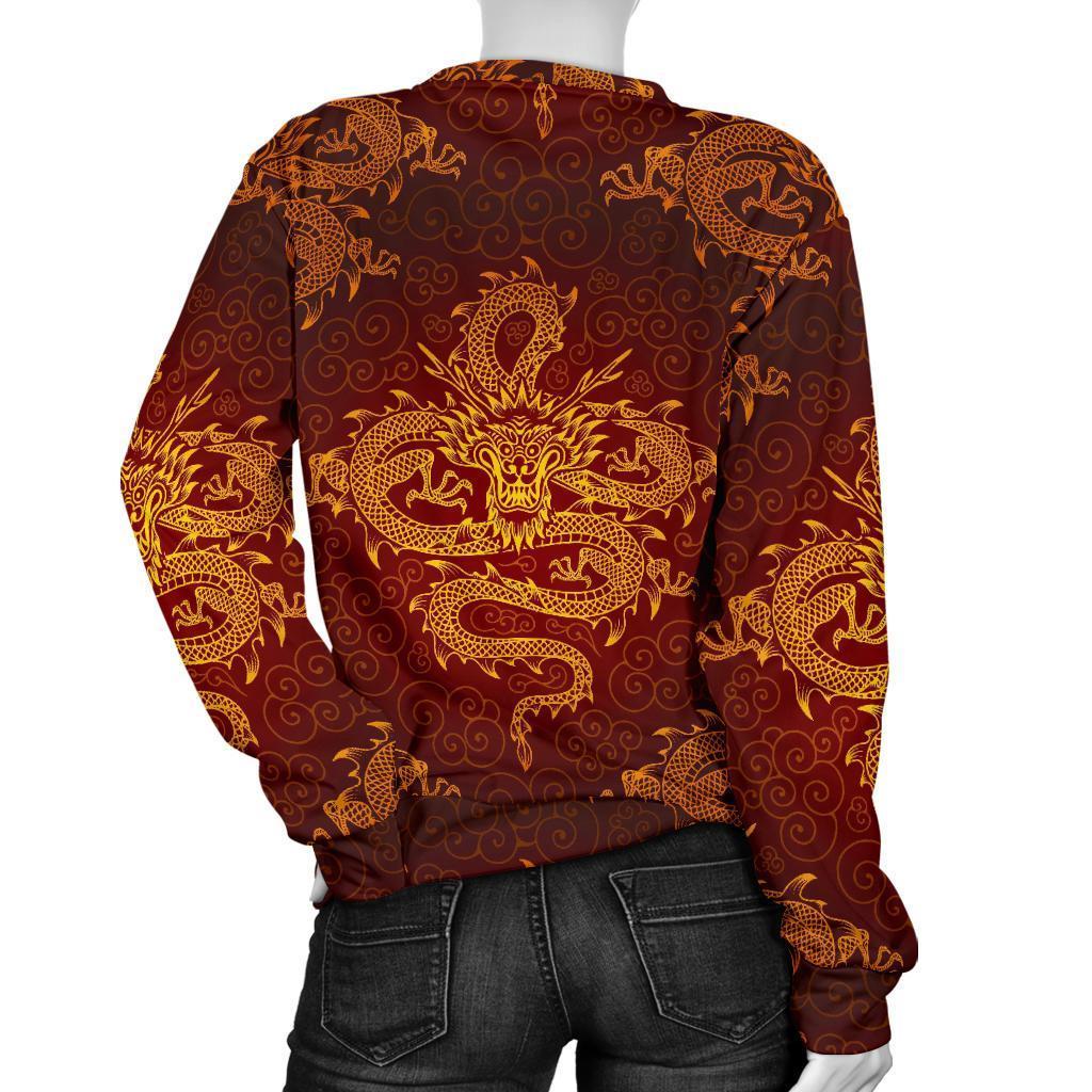 Gold Chinese Dragon Pattern Print Women's Crewneck Sweatshirt GearFrost