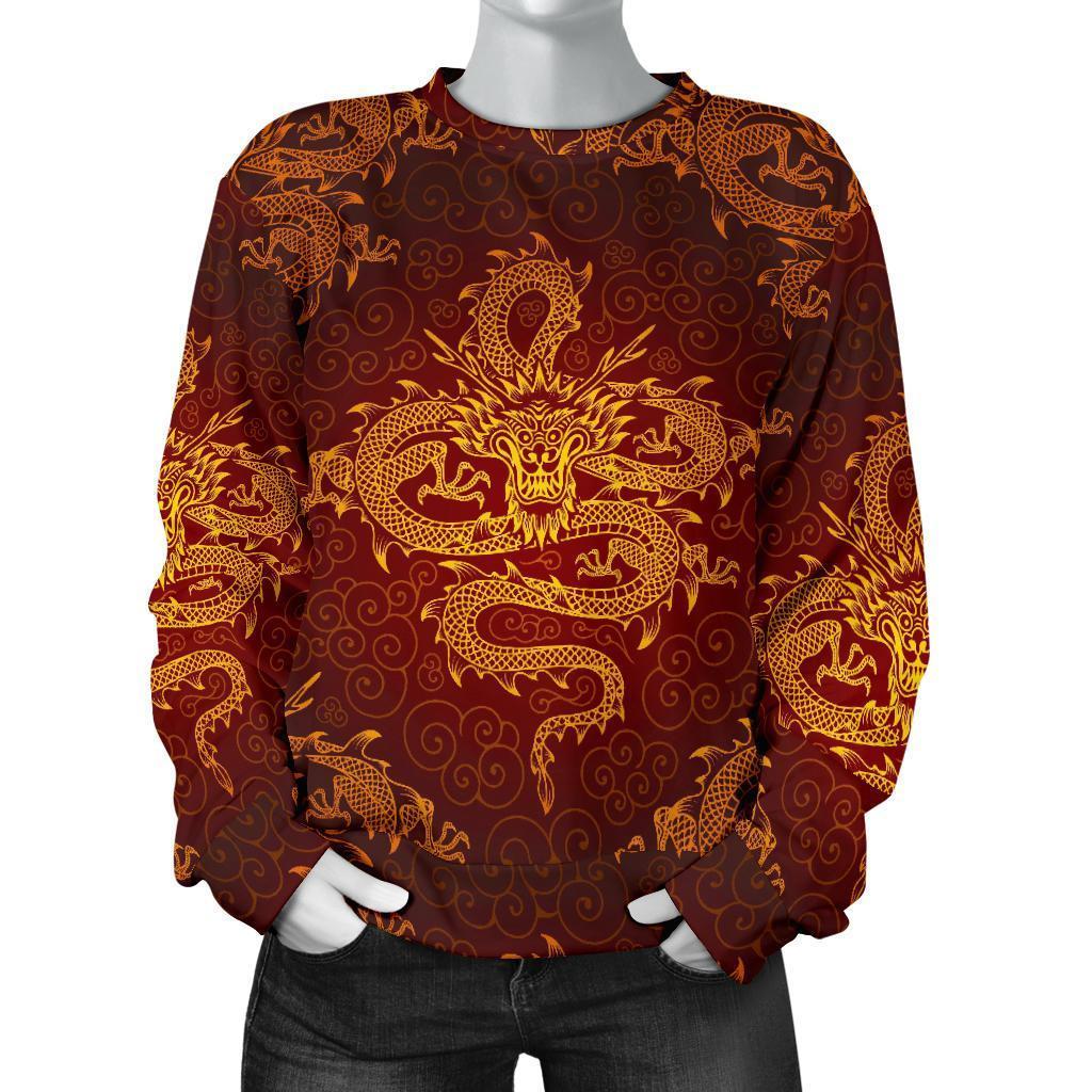 Gold Chinese Dragon Pattern Print Women's Crewneck Sweatshirt GearFrost