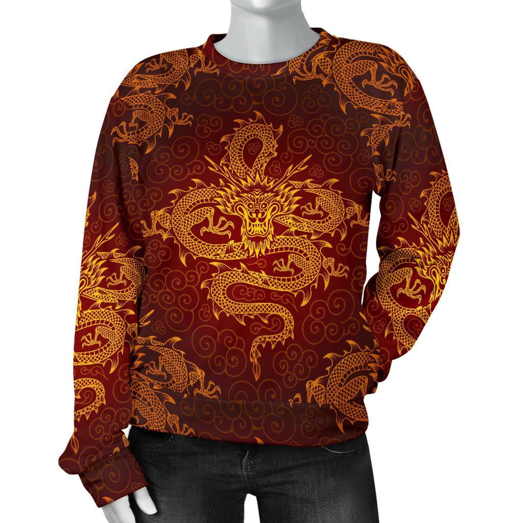 Gold Chinese Dragon Pattern Print Women's Crewneck Sweatshirt GearFrost