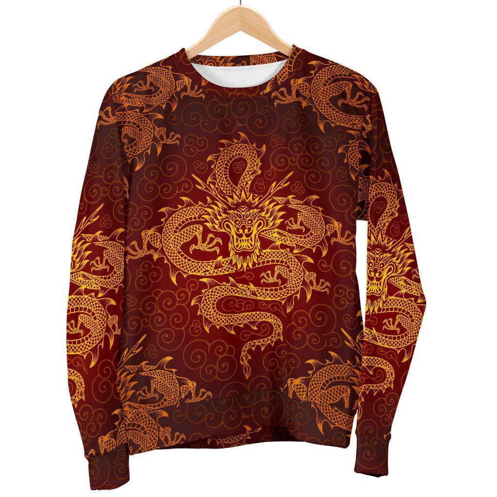 Gold Chinese Dragon Pattern Print Women's Crewneck Sweatshirt GearFrost