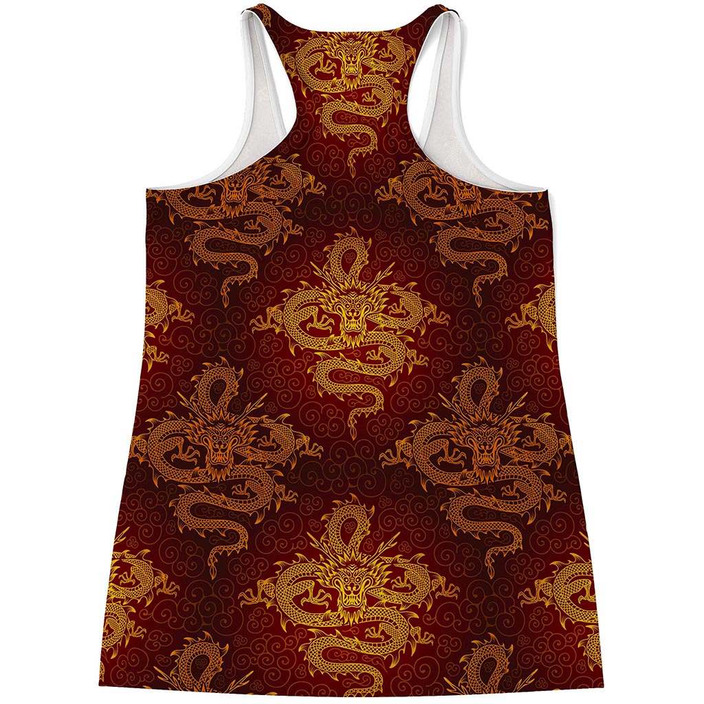 Gold Chinese Dragon Pattern Print Women's Racerback Tank Top