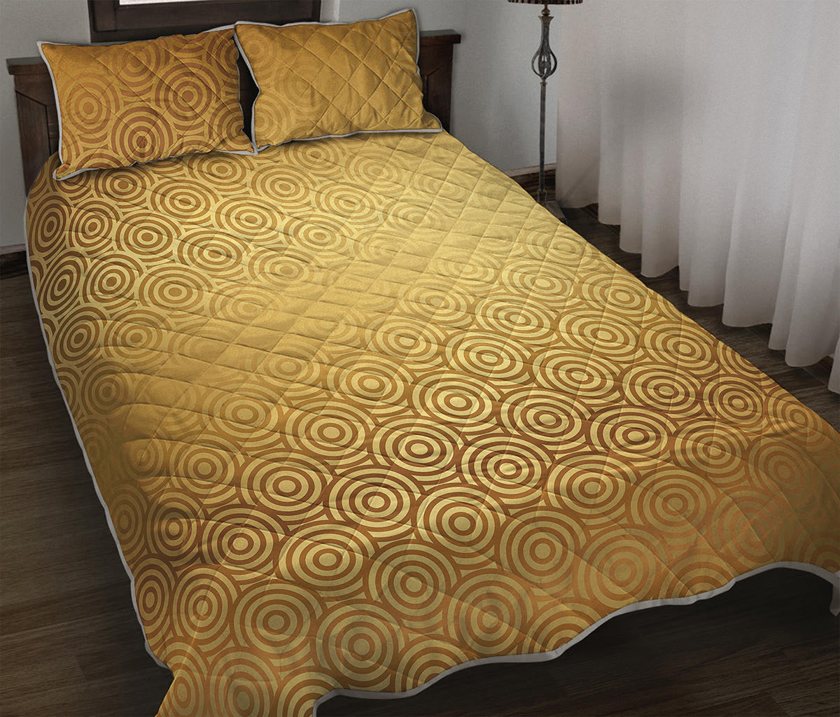 Gold Chinese Pattern Print Quilt Bed Set
