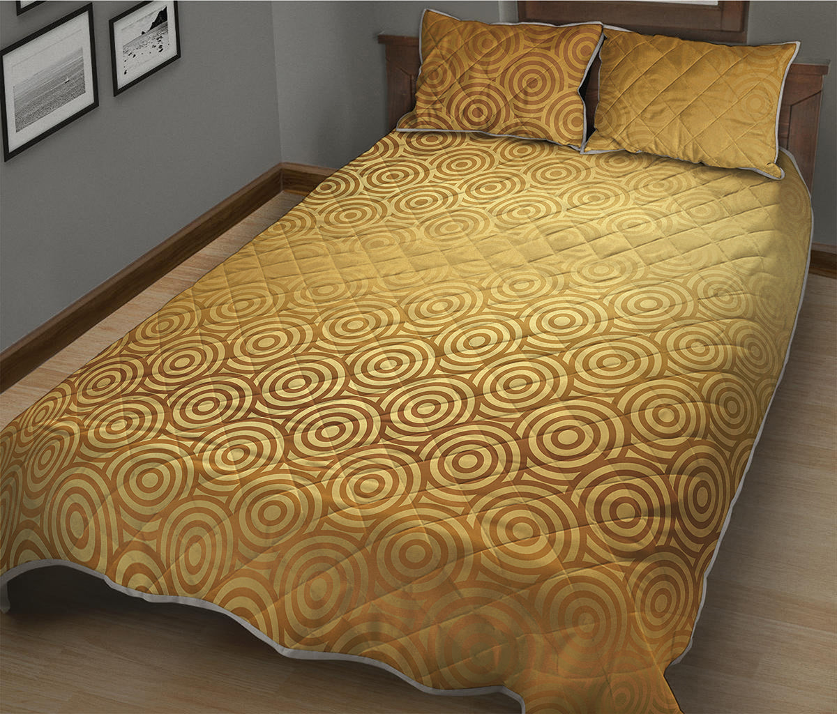 Gold Chinese Pattern Print Quilt Bed Set
