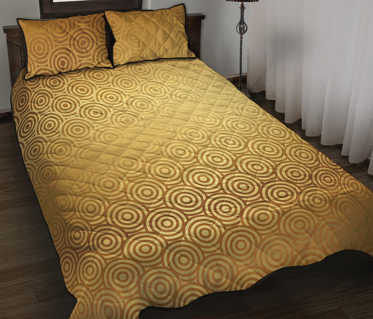 Gold Chinese Pattern Print Quilt Bed Set