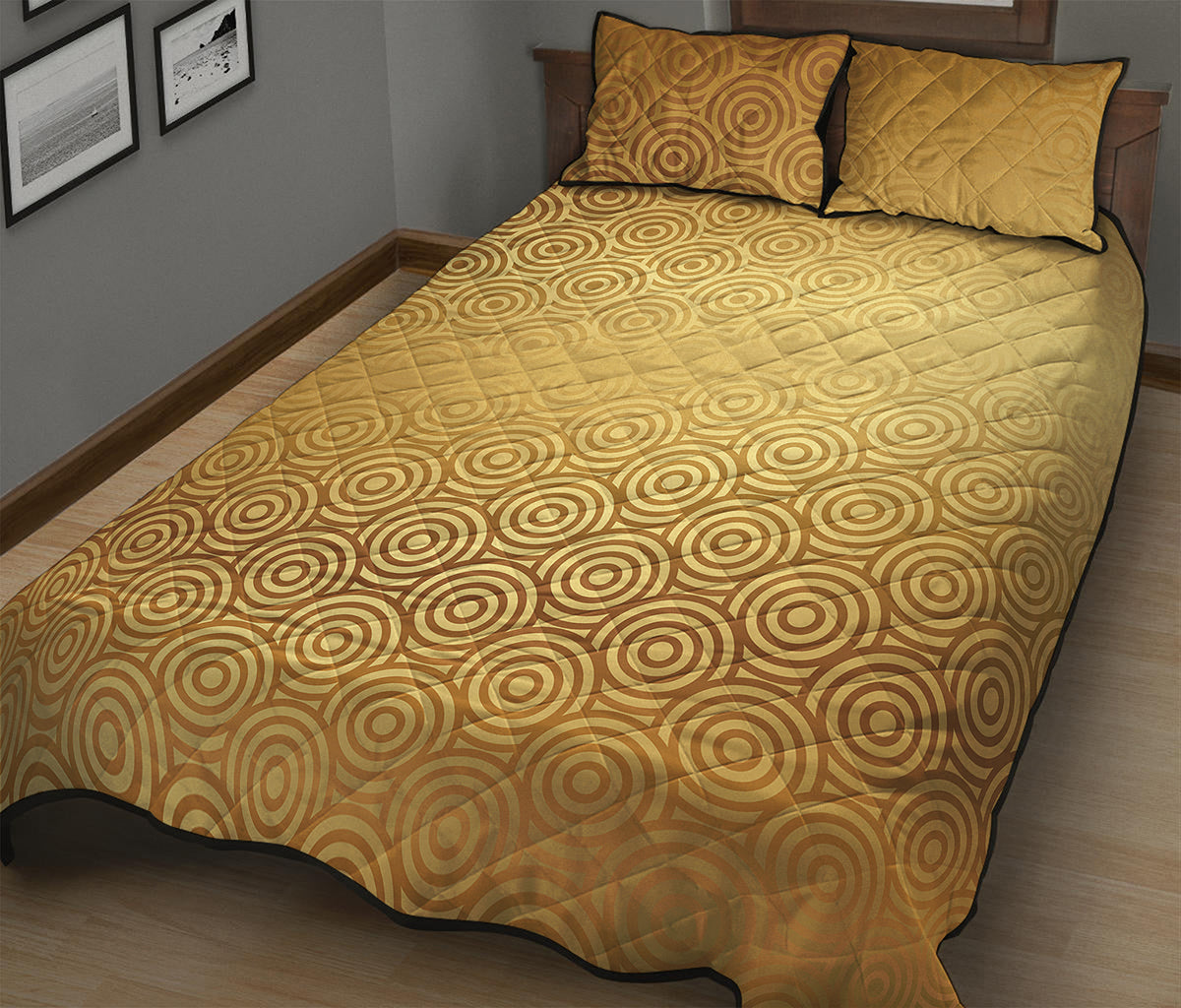 Gold Chinese Pattern Print Quilt Bed Set