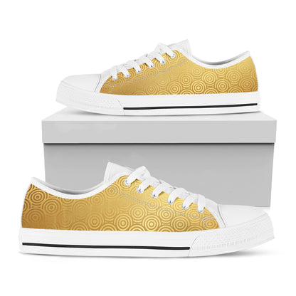 Gold Chinese Pattern Print White Low Top Shoes