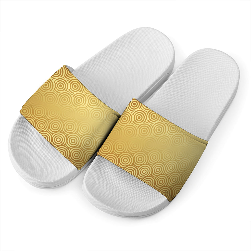 Gold Chinese Pattern Print White Slide Sandals