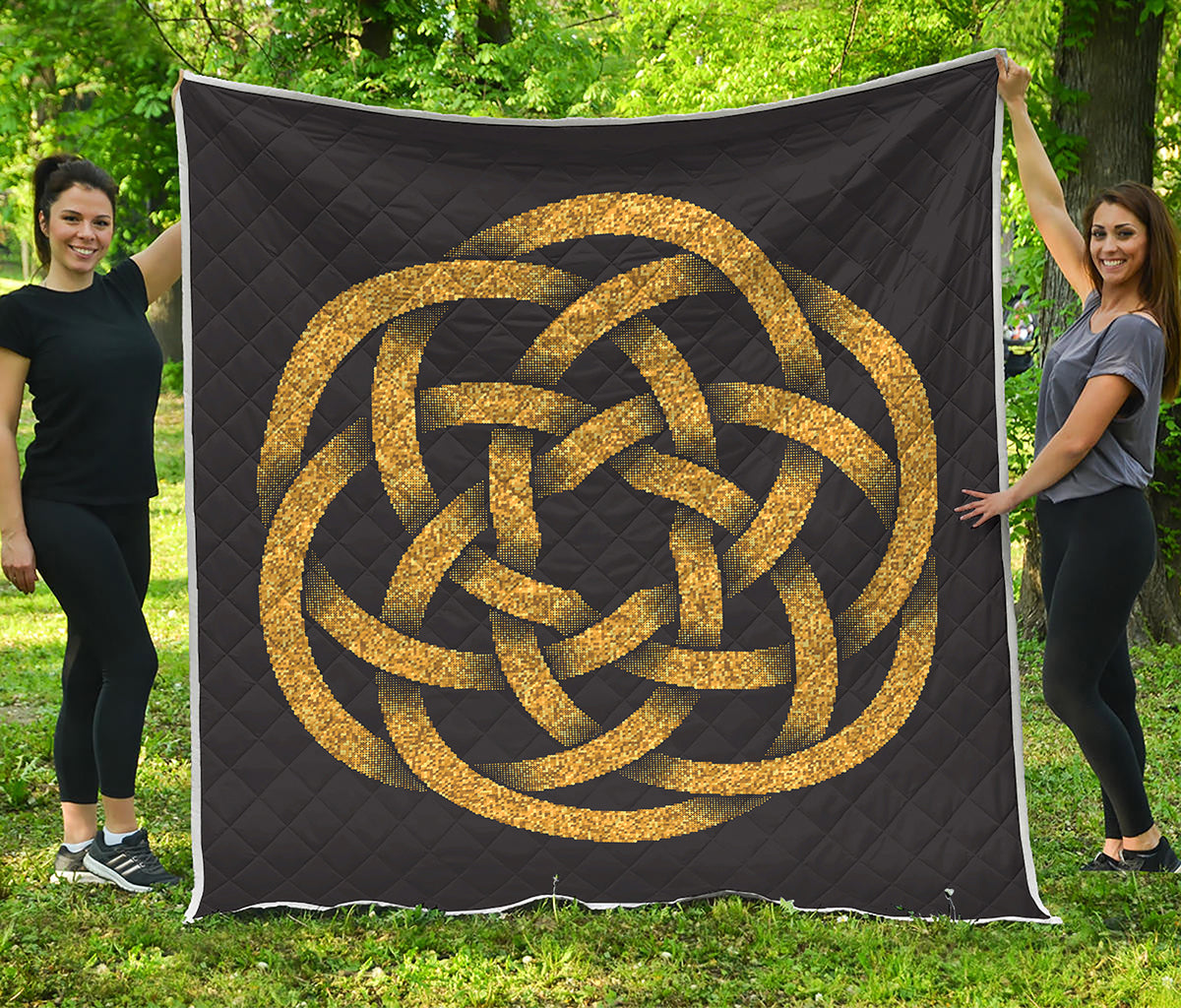 Gold Circle Celtic Knot Symbol Print Quilt