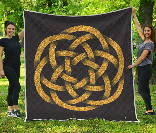 Gold Circle Celtic Knot Symbol Print Quilt
