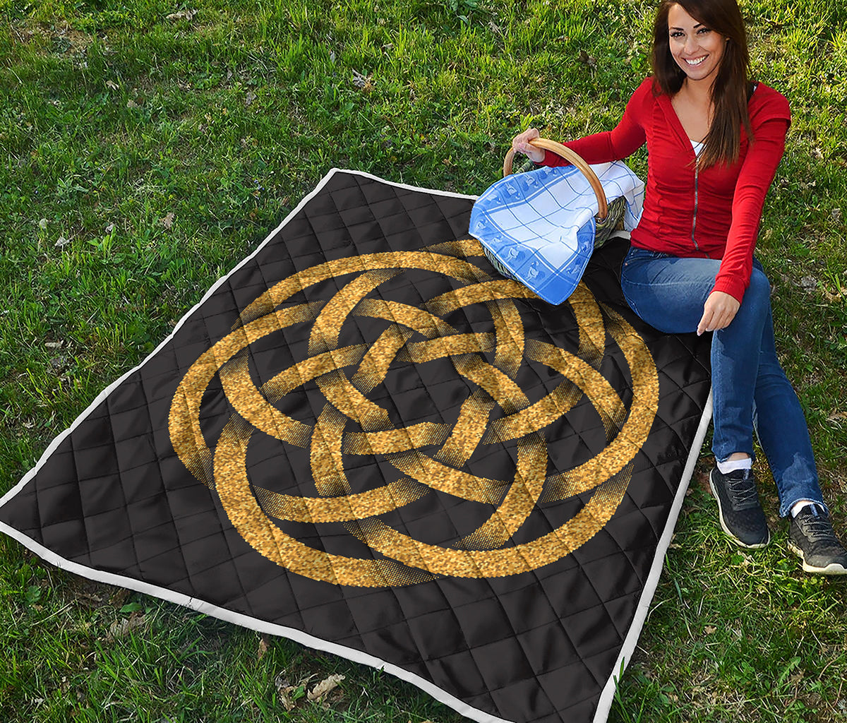 Gold Circle Celtic Knot Symbol Print Quilt