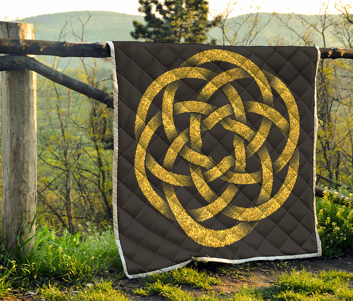 Gold Circle Celtic Knot Symbol Print Quilt