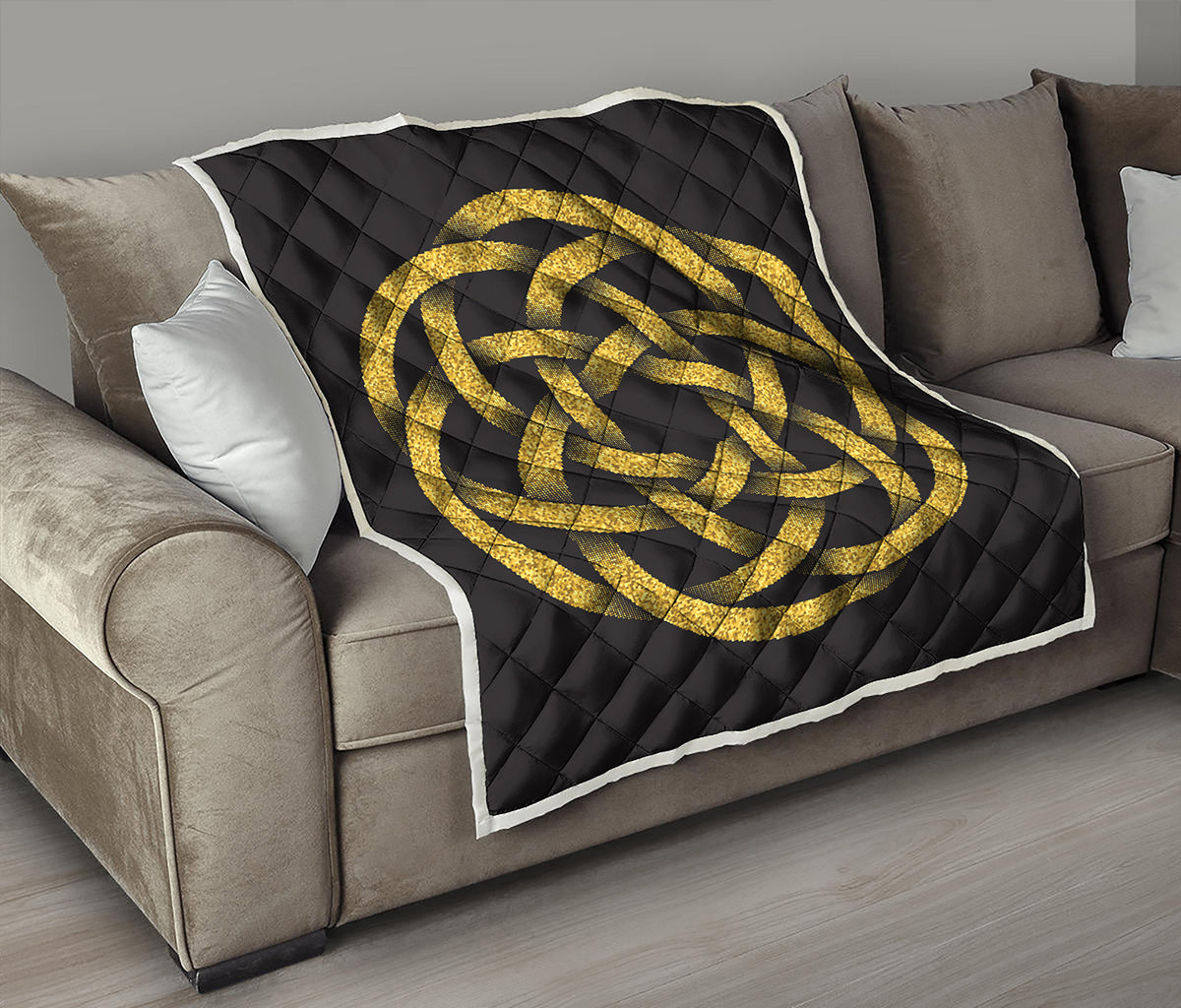 Gold Circle Celtic Knot Symbol Print Quilt