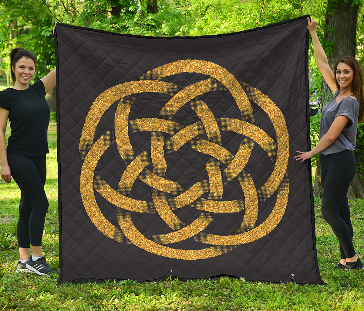 Gold Circle Celtic Knot Symbol Print Quilt