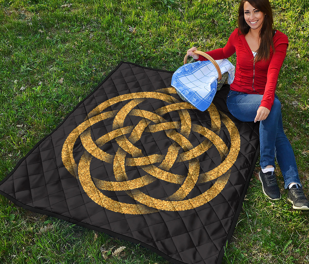 Gold Circle Celtic Knot Symbol Print Quilt