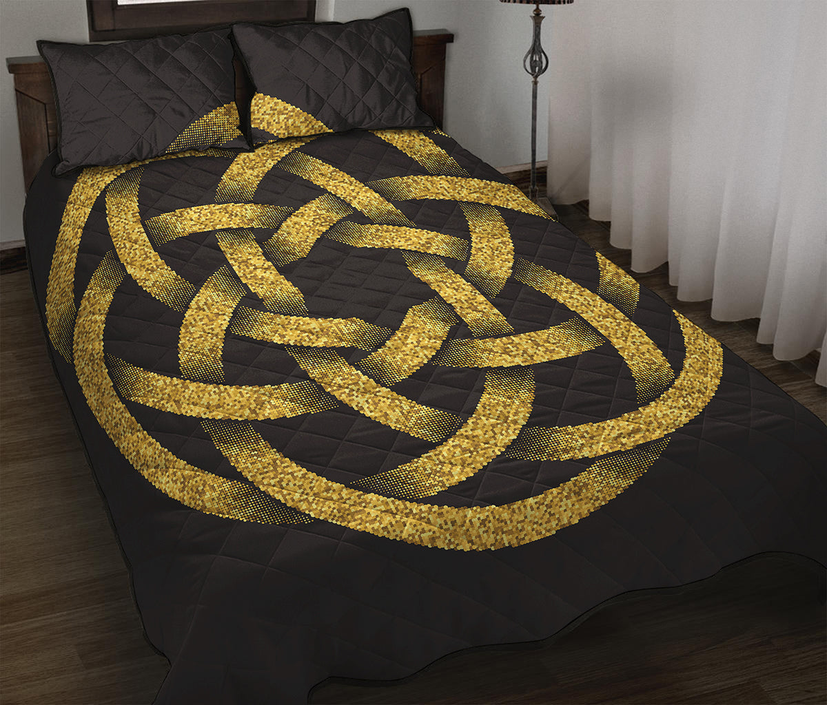 Gold Circle Celtic Knot Symbol Print Quilt Bed Set