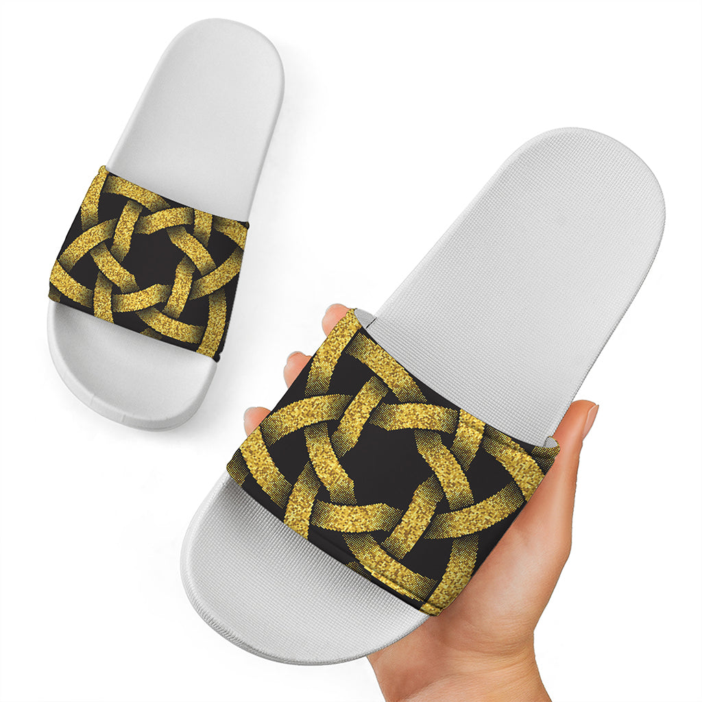Gold Circle Celtic Knot Symbol Print White Slide Sandals