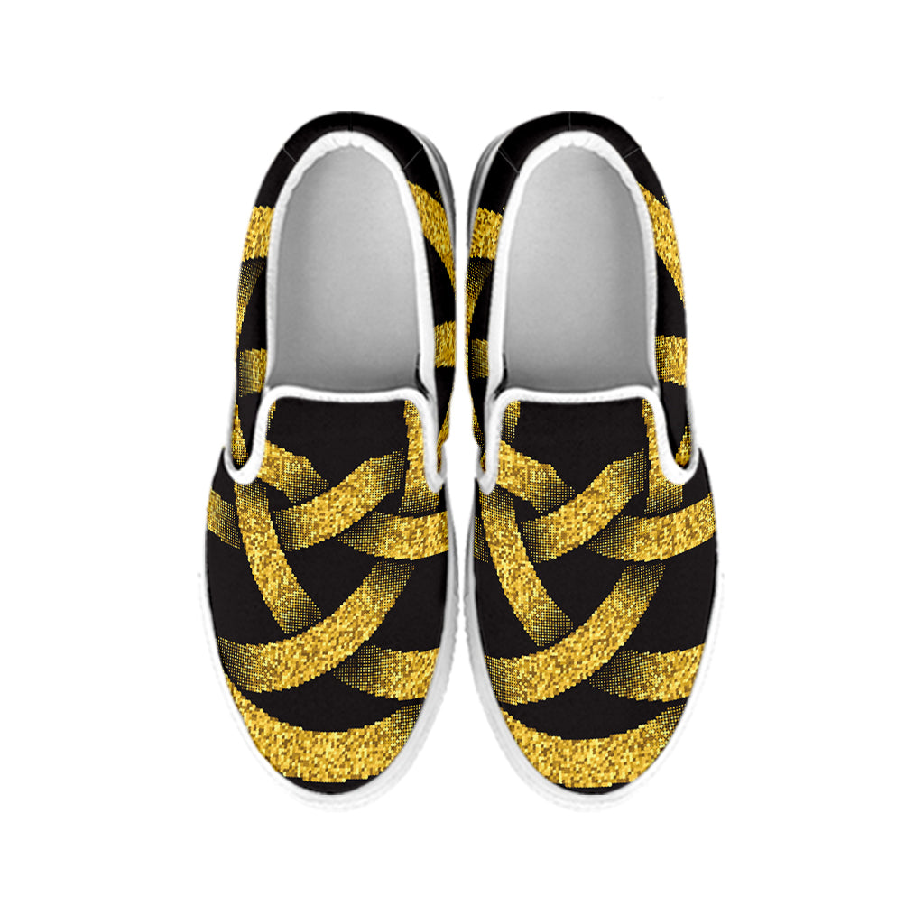 Gold Circle Celtic Knot Symbol Print White Slip On Shoes