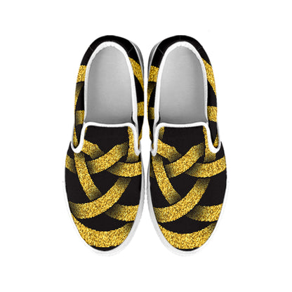 Gold Circle Celtic Knot Symbol Print White Slip On Shoes