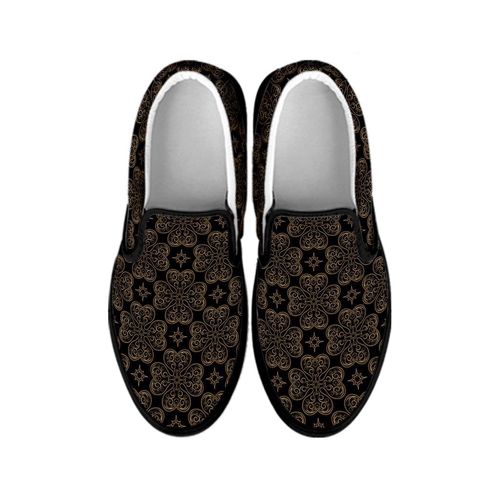 Gold Clover St. Patrick's Day Print Black Slip On Shoes