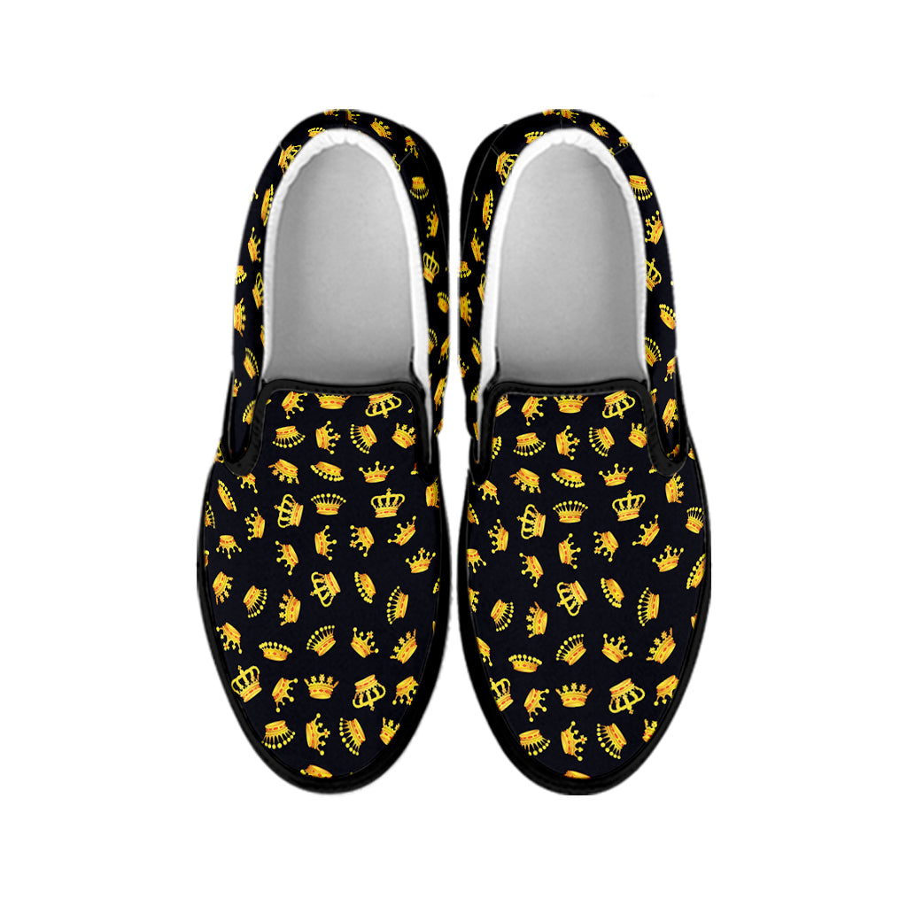 Gold Crown Pattern Print Black Slip On Shoes