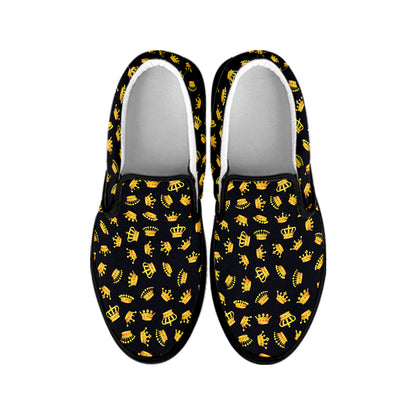 Gold Crown Pattern Print Black Slip On Shoes