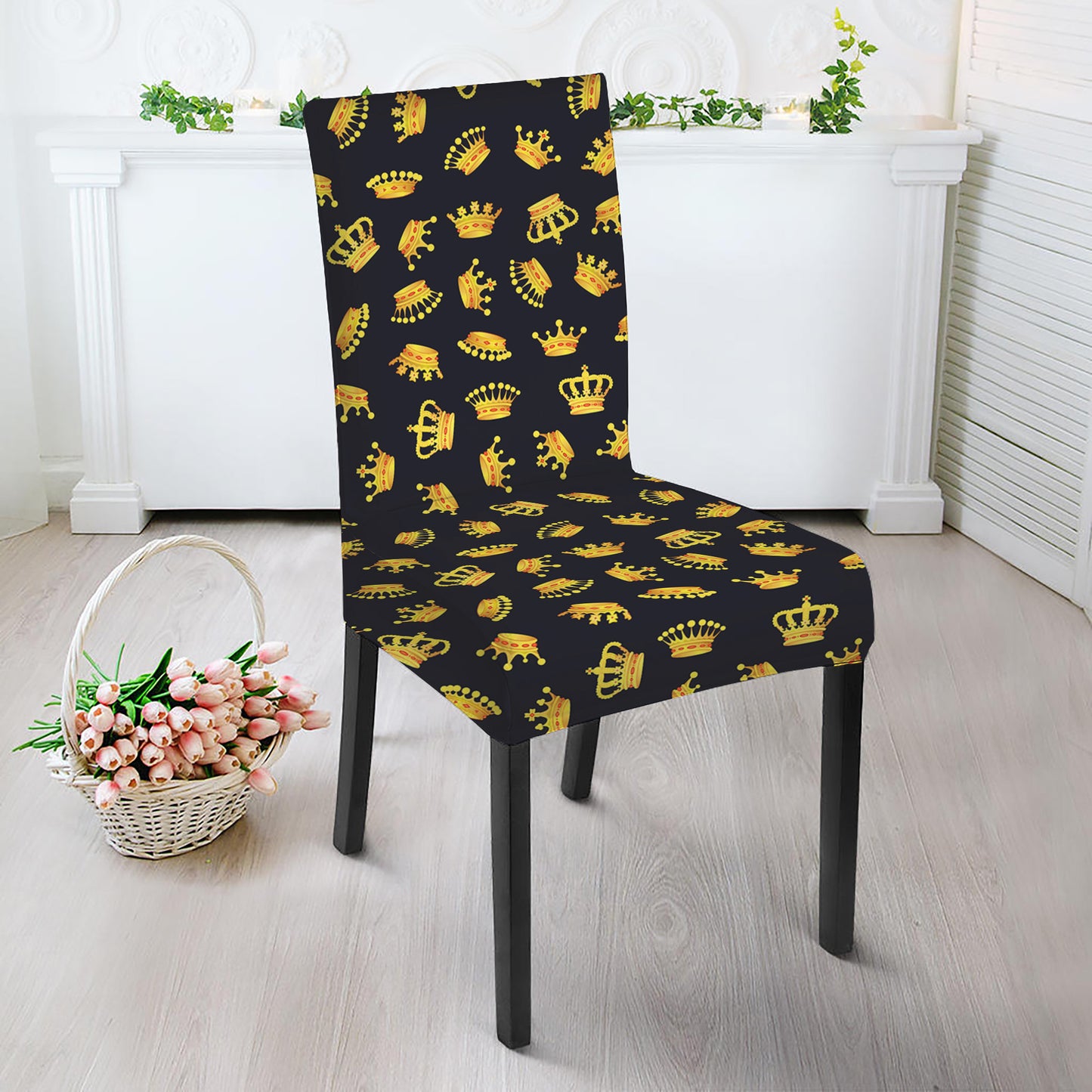 Gold Crown Pattern Print Dining Chair Slipcover