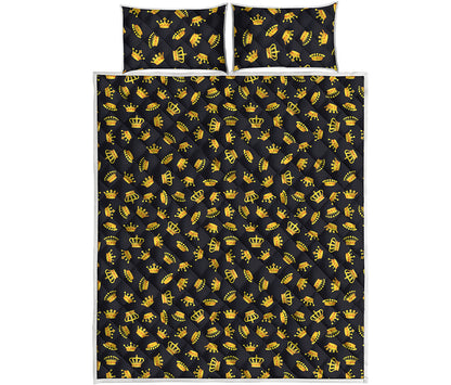 Gold Crown Pattern Print Quilt Bed Set