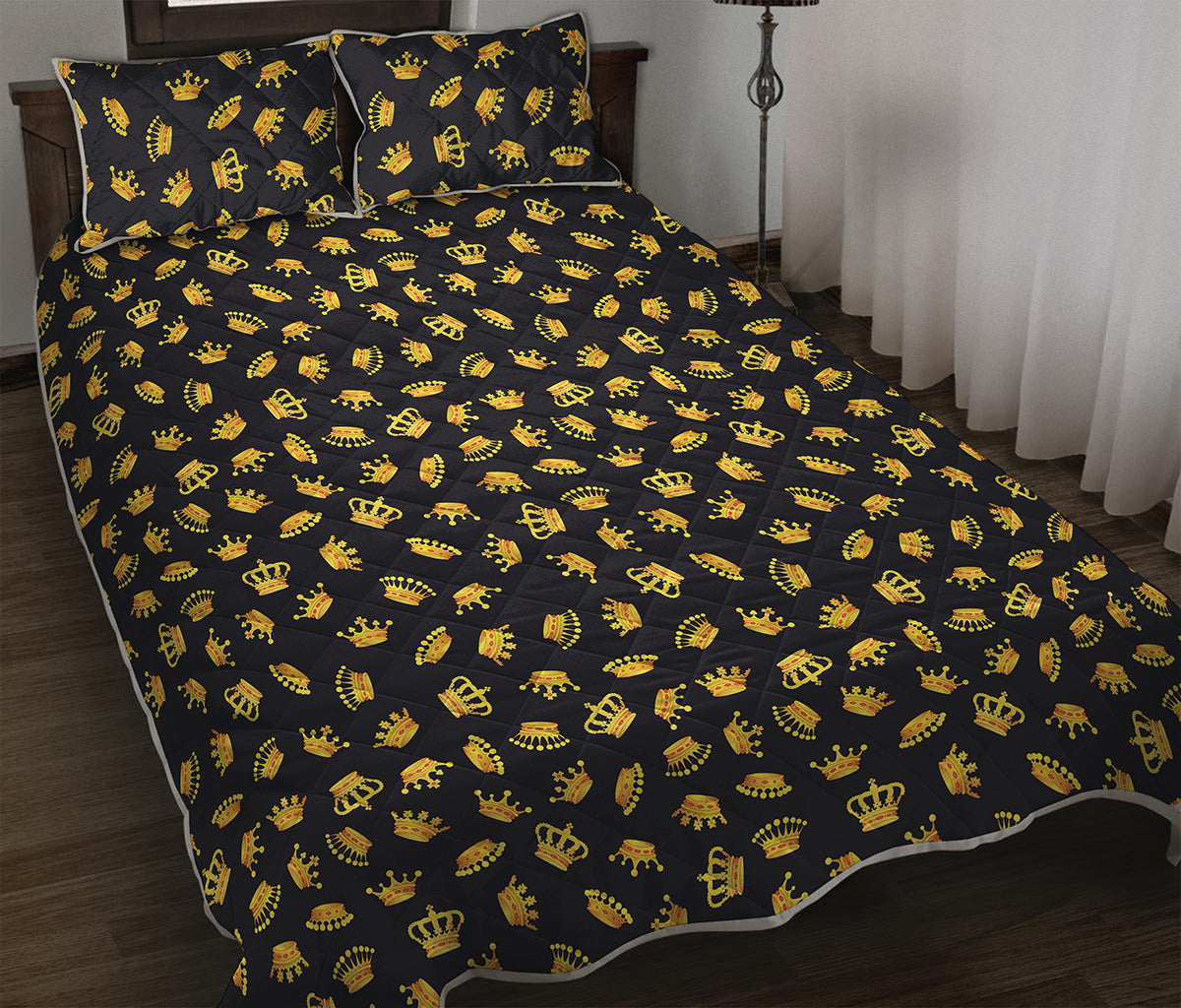 Gold Crown Pattern Print Quilt Bed Set