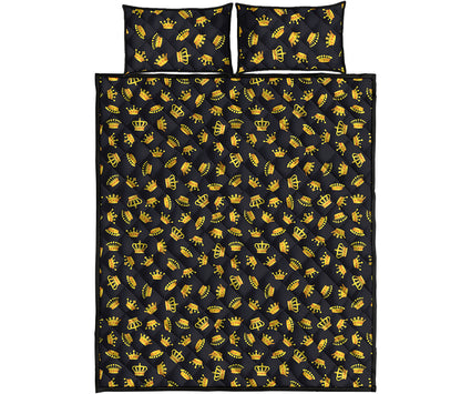 Gold Crown Pattern Print Quilt Bed Set