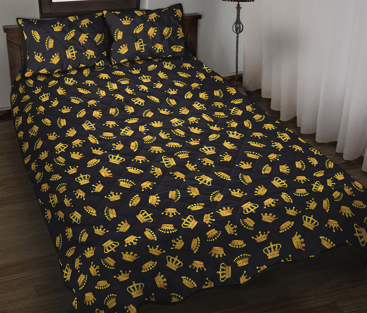 Gold Crown Pattern Print Quilt Bed Set