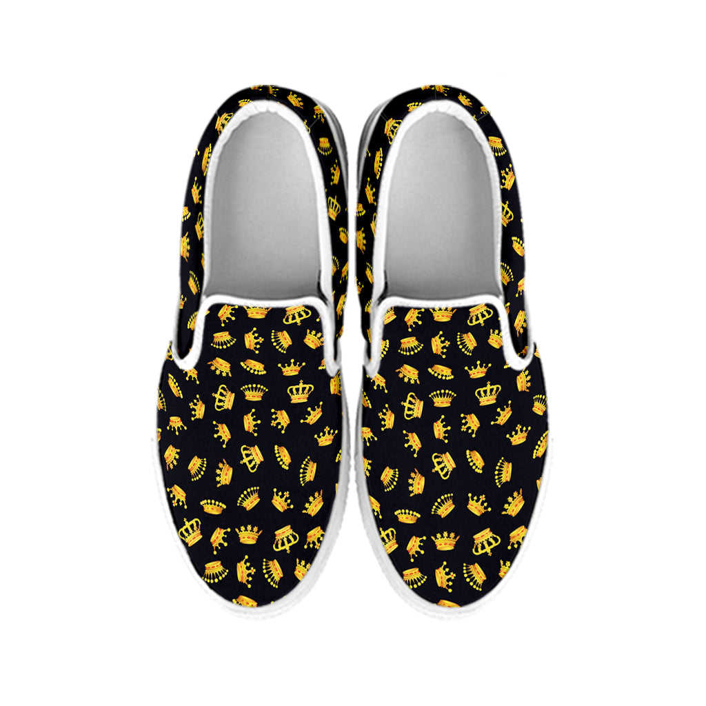 Gold Crown Pattern Print White Slip On Shoes