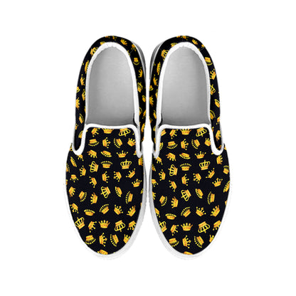 Gold Crown Pattern Print White Slip On Shoes