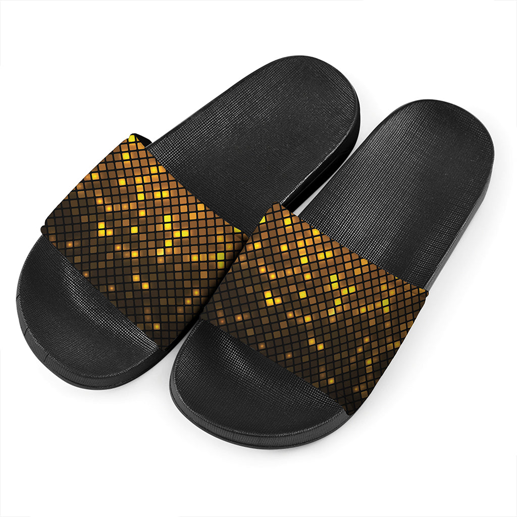 Gold Disco Lights Pattern Print Black Slide Sandals