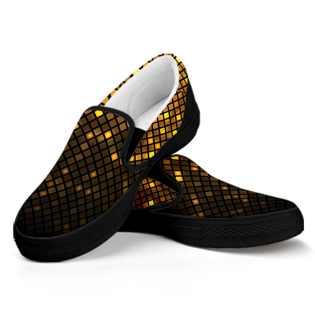 Gold Disco Lights Pattern Print Black Slip On Shoes