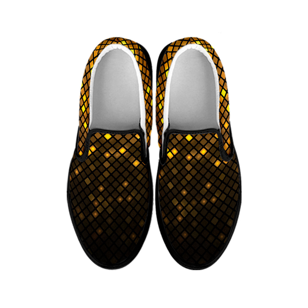 Gold Disco Lights Pattern Print Black Slip On Shoes