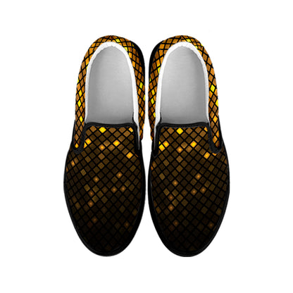Gold Disco Lights Pattern Print Black Slip On Shoes