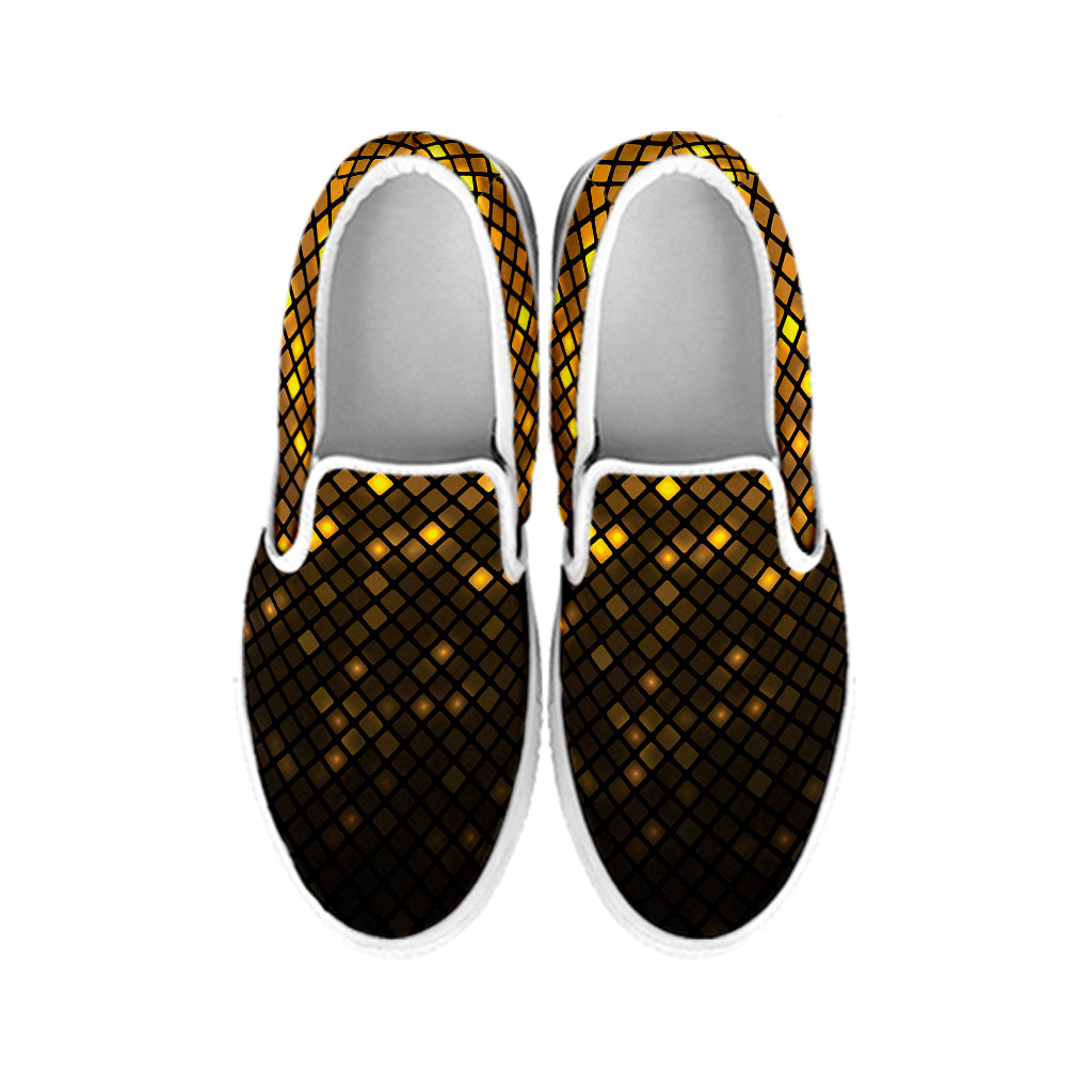 Gold Disco Lights Pattern Print White Slip On Shoes